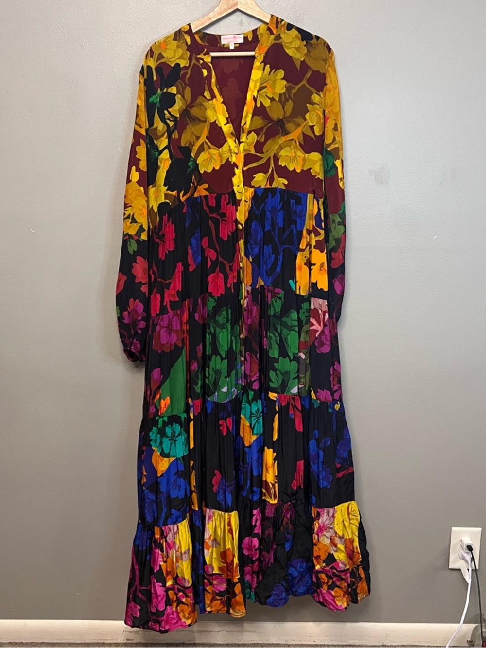 Siddhartha Bansal Colorful Button Front Floral Print Tiered Max Dress Festival